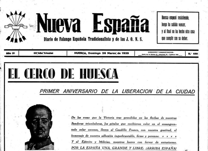 Portada del periódico Nueva España, por el primer aniversario del cerco de Huesca.