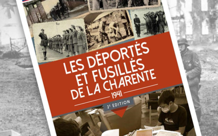 Portada de la publicación "LES DÉPORTÉS ET FUSILLÉS DE LA CHARENTE - 1941" (2ª edición). El diseño conecta la memoria de la Segunda Guerra Mundial con la investigación actual mediante un collage visual. En la parte superior, fotos históricas en blanco y negro muestran soldados, prisioneros y escenas de campos de concentración. El centro destaca por un bloque rojo con el título en letras blancas. Debajo, una imagen actual muestra a un joven analizando archivos y documentos antiguos, representando el estudio de la historia local. Todo el conjunto está superpuesto sobre un fondo desolado en tonos sepia que evoca el escenario de la ocupación y la resistencia en Francia. Es una composición que rinde homenaje a las víctimas de la deportación y los fusilamientos.