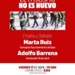 Cartel de fondo rojo intenso con el titular en letras blancas: "EL FASCISMO NO ES NUEVO". En el centro, una fotografía muestra las piernas y torsos de varias personas uniformadas marchando en formación militar. Debajo, anuncia una "Charla y Debate" con los nombres de los ponentes: Marta Ruiz (Concejala del Ayuntamiento de Ejea) y Adolfo Barrena (Fundación 14 de abril). En la parte inferior, sobre fondo blanco, se detalla la cita: viernes 17 de abril a las 19:30 h en el Centro Cívico de Ejea (Paseo de los Muros 22). Incluye los logotipos de la Fundación 14 de Abril y de Izquierda Unida Ejea y Pueblos.