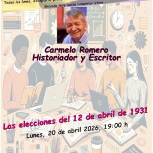 Imagen de fondo color crema con una ilustración de estilo "line art" que muestra a cinco jóvenes estudiando con portátiles y libros. En la parte superior, una franja con los colores de la bandera republicana española (rojo, amarillo y morado) contiene el texto "Escuela Republicana". En el centro destaca una fotografía cuadrada del historiador Carmelo Romero y, debajo, su nombre en letras rosas con borde negro. El título del evento, "Las elecciones del 12 de abril de 1931", aparece en la parte inferior en tipografía de color rosa vibrante. El pie del cartel incluye: Una imagen en blanco y negro con las palabras "Cultura!" y "Libertad!". El logotipo del Ateneo Republicano de Zaragoza. Iconos de redes sociales y datos de contacto (sitio web y correo electrónico).