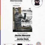 Cartel de un evento cultural sobre memoria histórica. En la parte superior dice "Martes 21 de abril - 18:30h" y "PROYECCIÓN C.C. DELICIAS ZARAGOZA". La imagen central muestra la portada del documental "CONTRALUZ", con una fotografía de un hombre joven tras una alambrada y escenas históricas de barcos y grupos de personas en una costa. El subtítulo indica "Historias del exilio republicano español en el norte de África". Debajo, se anuncia la presencia de Javier Moreno y Javier Ruiz, ambos de la Fundación Domingo Malagón. El pie del cartel contiene logotipos institucionales del Gobierno de España, Centros Cívicos de Zaragoza, la Fundación Domingo Malagón y PAMA.