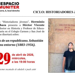 Cartel del Espacio Comuniter para la conferencia sobre Sebastián Banzo. A la derecha, una fotografía de Héctor Vicente Sánchez posando frente a la placa del Archivo General de la Guerra Civil Española en Salamanca. El texto anuncia la charla para el miércoles 29 de abril de 2026 a las 19:00h en la calle Hermanos Ibarra de Zaragoza.