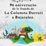 "Cartel conmemorativo del 90 aniversario (1936-2026) de la Columna Durruti en Bujaraloz. La imagen superpone una fotografía histórica en blanco y negro de milicianos armados y camiones de la época sobre una vista actual a color de la Plaza Mayor y la fachada del Ayuntamiento de Bujaraloz."