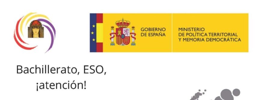 Parte superior de un cartel informativo sobre un concurso para estudiantes de Bachillerato y ESO. Incluye el logotipo de la Asociación de Descendientes del Exilio Español a la izquierda y el logotipo oficial del Gobierno de España (Ministerio de Política Territorial y Memoria Democrática) a la derecha. En el centro, destaca el texto: "Bachillerato, ESO, ¡atención!".