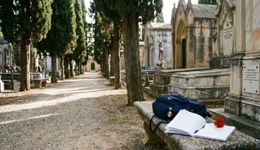 Una imagen evocadora de un sendero de grava en el Cementerio de Torrero, flanqueado por altos cipreses y mausoleos históricos de piedra. En primer plano, sobre un banco de piedra, descansan objetos de un estudiante: una mochila azul con un pequeño pin de la bandera italiana, un cuaderno con anotaciones manuscritas, un bolígrafo y un clavel rojo. La luz del sol se filtra entre los árboles creando sombras suaves, y el fondo aparece ligeramente desenfocado, transmitiendo una atmósfera de respeto y aprendizaje silencioso.