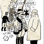 Ilustración de estilo satírico y trazo clásico realizada por Alfonso Zapico. En la escena, un grupo de militares con uniformes de principios del siglo XX se encuentra frente a la fachada de la redacción de la "Revista Cu-Cut". Mientras al fondo varios soldados alimentan una hoguera con ejemplares de la publicación, en primer plano un coronel de uniforme ornamentado y bigote mantiene una conversación con un hombre de paisano que viste abrigo largo y bombín. La imagen evoca los hechos históricos del asalto a la revista en Barcelona, simbolizando la censura y la represión militar contra la prensa satírica.