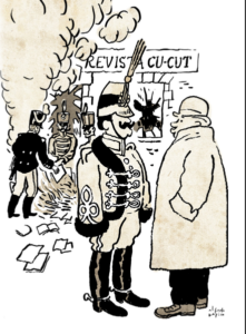 Ilustración de estilo satírico y trazo clásico realizada por Alfonso Zapico. En la escena, un grupo de militares con uniformes de principios del siglo XX se encuentra frente a la fachada de la redacción de la "Revista Cu-Cut". Mientras al fondo varios soldados alimentan una hoguera con ejemplares de la publicación, en primer plano un coronel de uniforme ornamentado y bigote mantiene una conversación con un hombre de paisano que viste abrigo largo y bombín. La imagen evoca los hechos históricos del asalto a la revista en Barcelona, simbolizando la censura y la represión militar contra la prensa satírica.