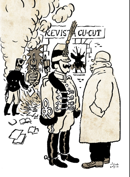 Ilustración de estilo satírico y trazo clásico realizada por Alfonso Zapico. En la escena, un grupo de militares con uniformes de principios del siglo XX se encuentra frente a la fachada de la redacción de la "Revista Cu-Cut". Mientras al fondo varios soldados alimentan una hoguera con ejemplares de la publicación, en primer plano un coronel de uniforme ornamentado y bigote mantiene una conversación con un hombre de paisano que viste abrigo largo y bombín. La imagen evoca los hechos históricos del asalto a la revista en Barcelona, simbolizando la censura y la represión militar contra la prensa satírica.