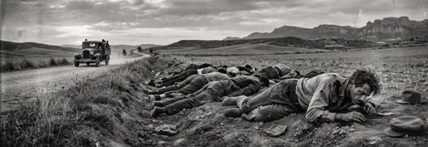 Recrea una escena dramática y sombría basada en hechos históricos de la Guerra Civil Española, capturada con la estética de una fotografía de época en blanco y negro, granulada y de alto contraste. La composición se divide en dos planos principales. En el primer plano, en el lado derecho, un joven herido se arrastra por el suelo. Lleva una camisa clara manchada de sangre en el hombro y la cabeza, y parece desorientado y dolorido mientras busca un monedero en el suelo polvoriento junto a dos boinas abandonadas. Detrás de él, extendiéndose hacia el centro y la izquierda de la imagen, yacen los cuerpos de varios hombres boca abajo en una zanja o cuneta a lo largo de un camino de tierra. Sus cuerpos están inertes y vestidos con ropa de trabajo oscura, sugiriendo una escena de ejecución masiva. El segundo plano está dominado por un vasto paisaje rural aragonés. Un camino de tierra serpentea hacia la izquierda, donde un camión antiguo con varias figuras en la parte trasera se aleja, levantando polvo. Más allá del camino, se extienden colinas onduladas y campos de cultivo secos que conducen a una imponente y accidentada cordillera montañosa en el horizonte bajo un cielo nublado y dramático. La luz es tenue, típica de un amanecer o atardecer nublado, lo que realza la atmósfera trágica y desolada de la escena.