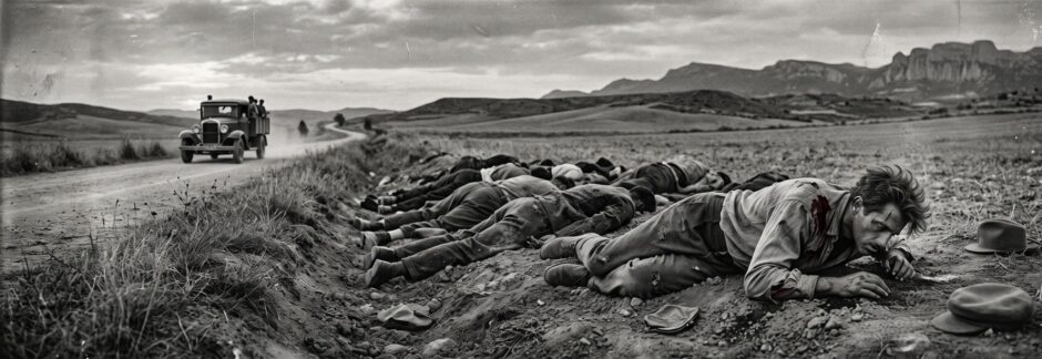 Recrea una escena dramática y sombría basada en hechos históricos de la Guerra Civil Española, capturada con la estética de una fotografía de época en blanco y negro, granulada y de alto contraste. La composición se divide en dos planos principales. En el primer plano, en el lado derecho, un joven herido se arrastra por el suelo. Lleva una camisa clara manchada de sangre en el hombro y la cabeza, y parece desorientado y dolorido mientras busca un monedero en el suelo polvoriento junto a dos boinas abandonadas. Detrás de él, extendiéndose hacia el centro y la izquierda de la imagen, yacen los cuerpos de varios hombres boca abajo en una zanja o cuneta a lo largo de un camino de tierra. Sus cuerpos están inertes y vestidos con ropa de trabajo oscura, sugiriendo una escena de ejecución masiva. El segundo plano está dominado por un vasto paisaje rural aragonés. Un camino de tierra serpentea hacia la izquierda, donde un camión antiguo con varias figuras en la parte trasera se aleja, levantando polvo. Más allá del camino, se extienden colinas onduladas y campos de cultivo secos que conducen a una imponente y accidentada cordillera montañosa en el horizonte bajo un cielo nublado y dramático. La luz es tenue, típica de un amanecer o atardecer nublado, lo que realza la atmósfera trágica y desolada de la escena.
