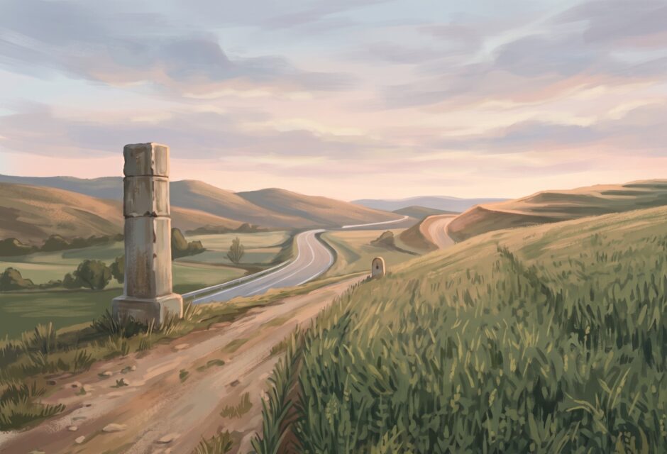 Esta imagen muestra una ilustración digital de un paisaje rural en la región de Teruel, Aragón, España. En primer plano a la izquierda, hay un monumento de piedra vertical sobre una base cuadrada de piedra. Un camino de tierra bordea el monumento y se extiende hacia el fondo, donde se encuentra una carretera asfaltada que serpentea por un valle flanqueado por colinas suaves. A la derecha, un campo de trigo verde ocupa gran parte del encuadre. El cielo está parcialmente nublado con tonos suaves y cálidos de la puesta del sol. El estilo artístico es pintado a mano, con pinceladas sutiles y una iluminación cinematográfica que resalta los detalles del paisaje.