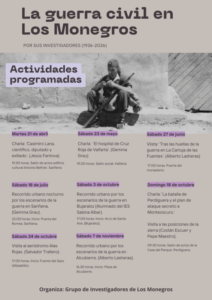 El cartel anuncia un ciclo de actividades titulado "La guerra civil en Los Monegros por sus investigadores (1936-2026)". Tiene un diseño sobrio con un fondo de color gris pálido y detalles en tonos violeta. En la parte superior derecha, destaca una fotografía histórica en blanco y negro de un soldado sentado en unos escalones de piedra, sosteniendo un fusil mientras parece realizar alguna tarea manual.