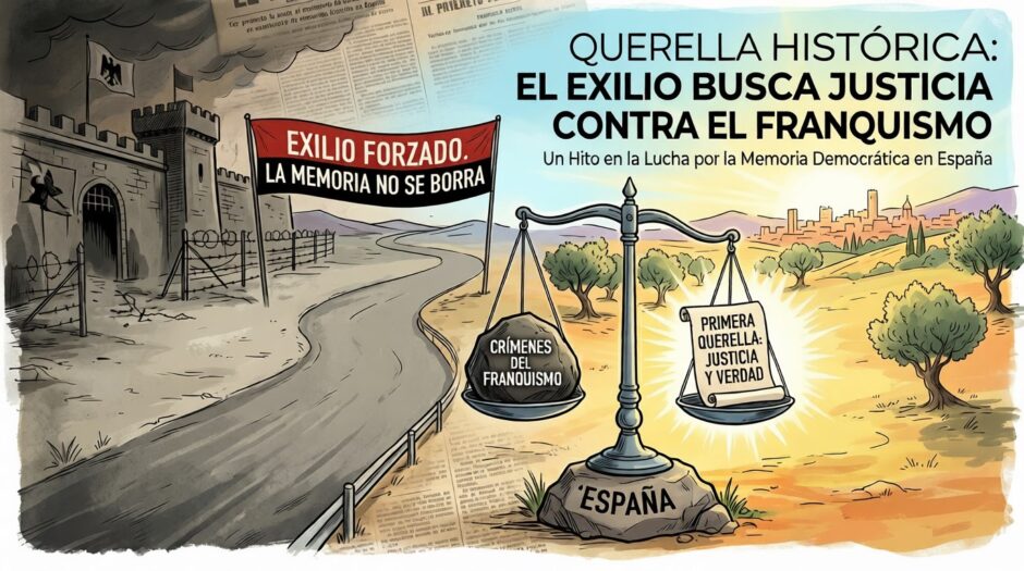 "Ilustración conceptual en estilo editorial sobre la primera querella en España contra el franquismo por exilio forzado. A la izquierda, un camino vacío parte de una frontera sombría con alambre de espino y una bandera roja que reza 'Exilio forzado. La memoria no se borra'. En el centro, una balanza de la justicia se apoya sobre una piedra con la palabra 'España'; un plato contiene una roca pesada que dice 'Crímenes del Franquismo' y el otro, iluminado, sostiene un pergamino titulado 'Primera Querella: Justicia y Verdad'. Al fondo, un paisaje soleado de olivos simboliza la esperanza y el retorno."