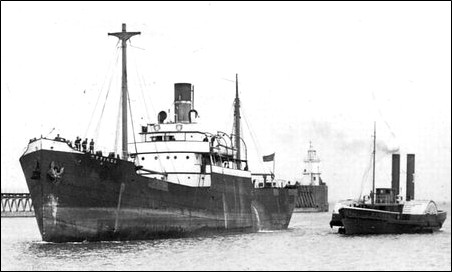Fotografía en blanco y negro que muestra al SS Ronwyn, un buque de vapor de carga de tamaño medio con dos mástiles altos, un embudo central y superestructura blanca, navegando en aguas abiertas cerca de la costa.