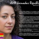 Cartel de las XVIII Jornadas Republicanas en Huesca con el retrato en primer plano de una mujer con una escarapela tricolor en el pelo. Sobre fondo negro, se detalla la agenda de actos culturales, charlas y homenajes del 13 al 17 de abril. Incluye el logo del Círculo Republicano Manolín Abad (CRMAHU) y un código QR.