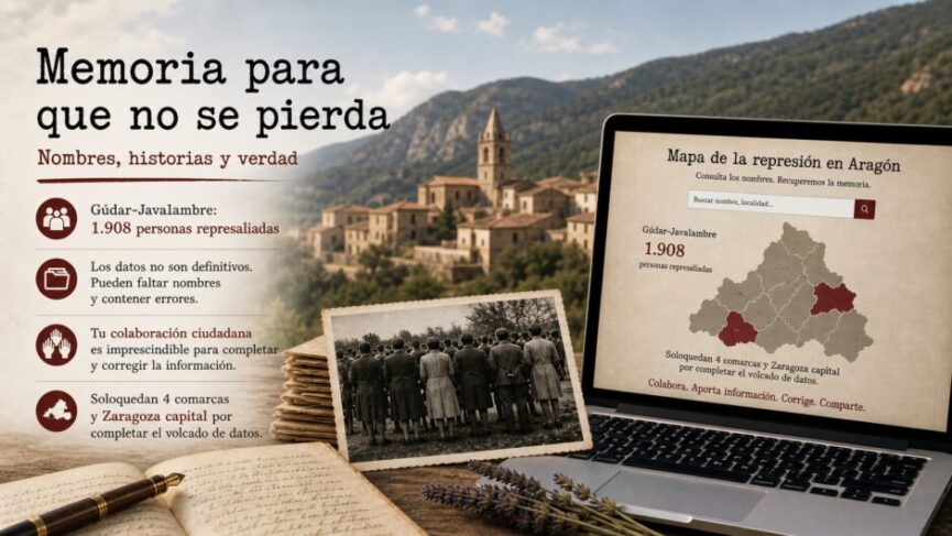 Imagen promocional sobre la memoria histórica en Aragón. De fondo, un pueblo de montaña bajo un cielo nublado. En primer plano, a la izquierda, el título "Memoria para que no se pierda" seguido de cuatro puntos clave sobre la represión en la comarca de Gúdar-Javalambre (1.908 personas represaliadas) y una llamada a la colaboración ciudadana. En el centro, una fotografía antigua en blanco y negro de un grupo de personas de espaldas, apoyada sobre un fajo de cartas y un diario abierto con una pluma. A la derecha, un ordenador portátil muestra el sitio web "Mapa de la represión en Aragón" con un mapa de la región donde se destacan áreas en rojo.