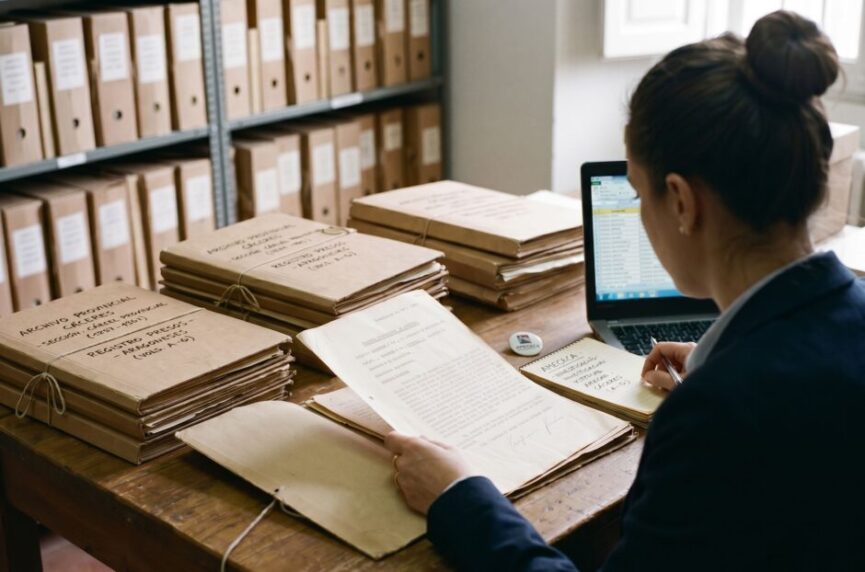 Una mujer de espaldas, con el pelo recogido en un moño, trabaja en un archivo histórico rodeada de carpetas de expedientes antiguos y una libreta de notas, consultando un documento sobre una mesa de madera junto a un ordenador portátil.
