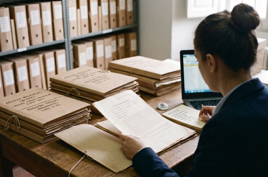 Una mujer de espaldas, con el pelo recogido en un moño, trabaja en un archivo histórico rodeada de carpetas de expedientes antiguos y una libreta de notas, consultando un documento sobre una mesa de madera junto a un ordenador portátil.