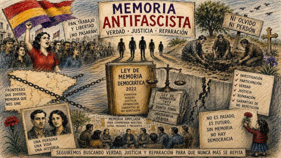 "Ilustración estilo grabado con lápices de colores titulada 'Memoria Antifascista: Verdad, Justicia, Reparación'. Muestra escenas del bando republicano, exhumaciones de fosas comunes, un mapa de España encadenado, un libro de la 'Ley de Memoria Democrática 2022' y una balanza de la justicia sobrevolando antiguas leyes de amnistía."