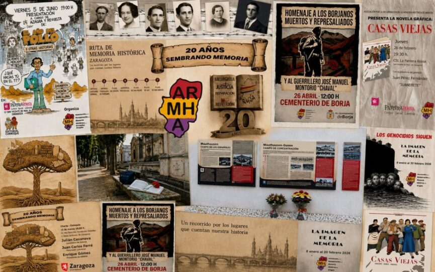 "Collage de la Asociación para la Recuperación de la Memoria Histórica de Aragón (ARMHA) con carteles de actos, homenajes, exposiciones, rutas de memoria histórica, publicaciones y archivo de víctimas, conmemorando 20 años de actividad."